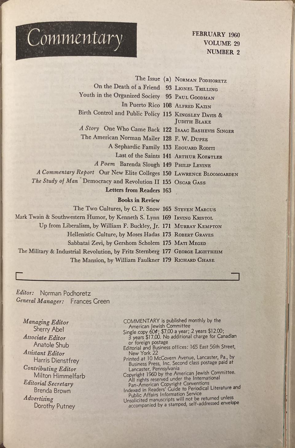 Table of contents of the February 1960 issue of Commentary. 