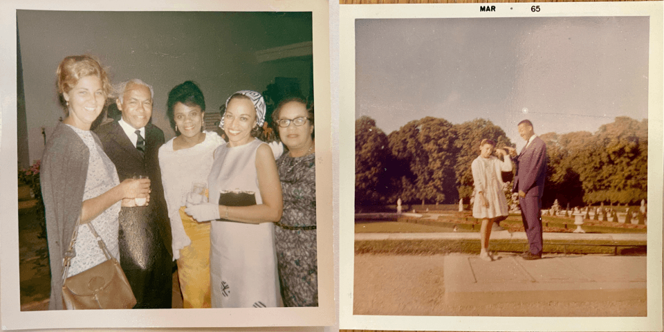 (Left) Jean Blackwell Hutson on the right is standing with a group of people. (Right) Young Jean Hutson, Jean Blackwell Hutson's daughter, is standing in a male person