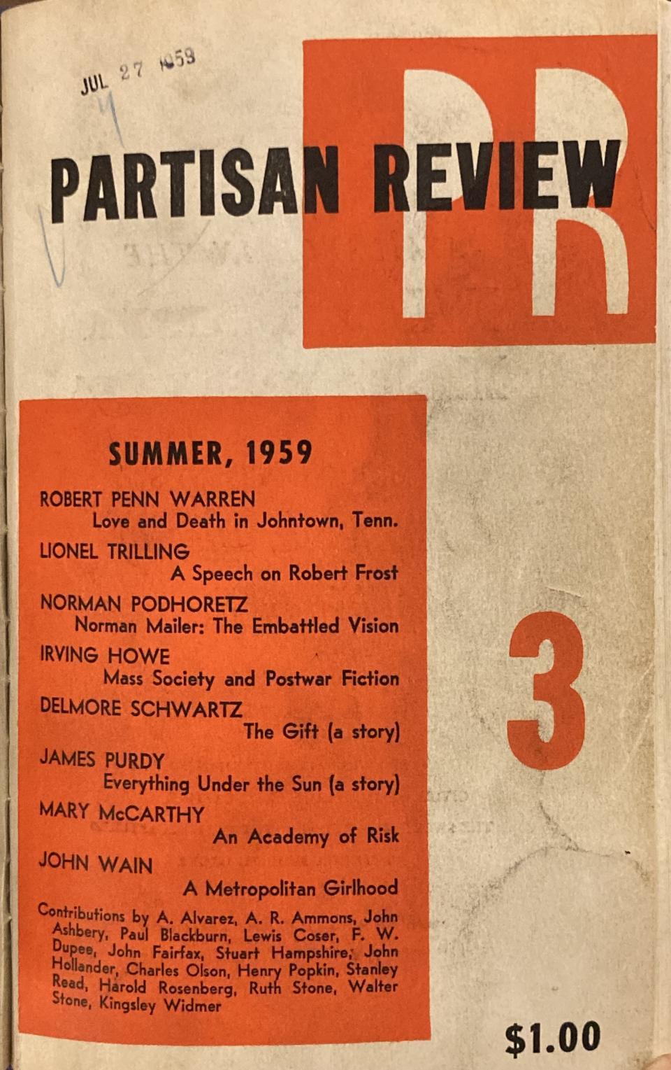 White paper cover of summer 1959 issue of Partisan Review, with some elements in red, and a list of essays included within.