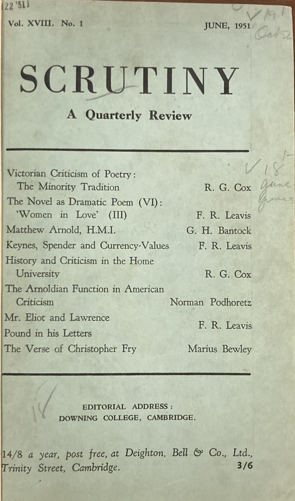 green paper cover of June 1951 issue of Scrutiny, listing the essays included within.