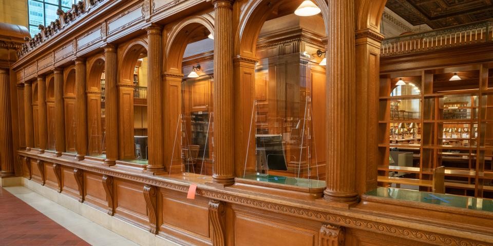 Interior of staff area in the Rose Main Reading Room. 