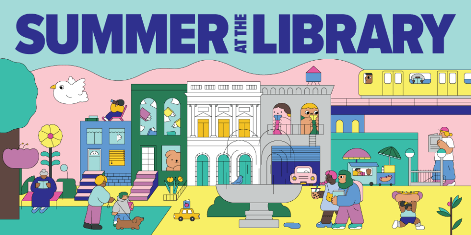 Summer at the Library graphic shows a city block with people out and about.