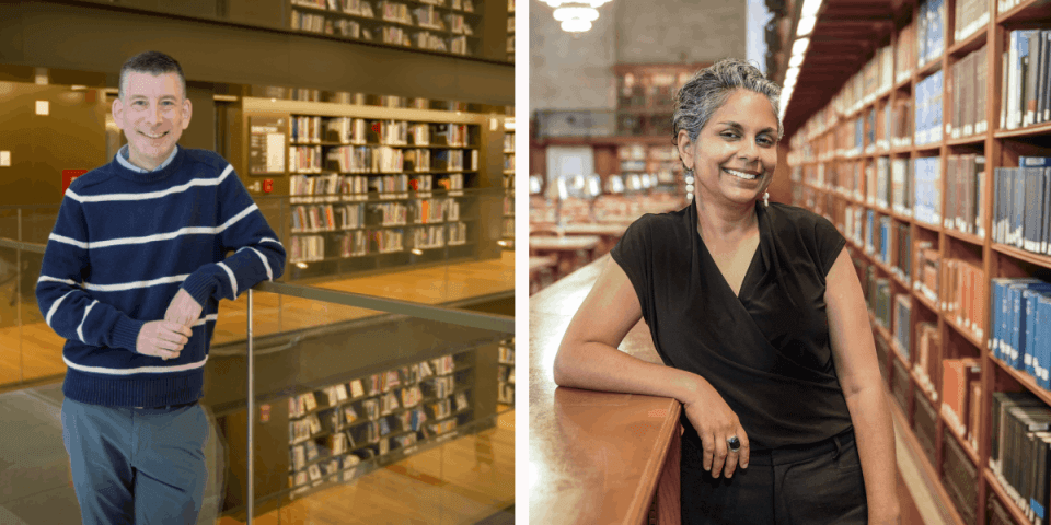 Photo collage of Steven Mahoney and Siva Ramakrishnan posing in library settings
