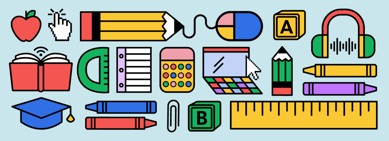 School-related icons, like a computer, calculator, art supplies, and more, on a light blue background.