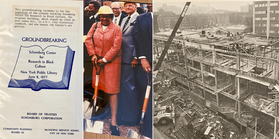 (Left) A program of groundbreaking of what is today's Schomburg Center (Middle photo) Jean Blackwell Hutson wearing hard hat & holding shovel to break ground on new Schomburg Center building (Right): Construction of Schomburg Center building 