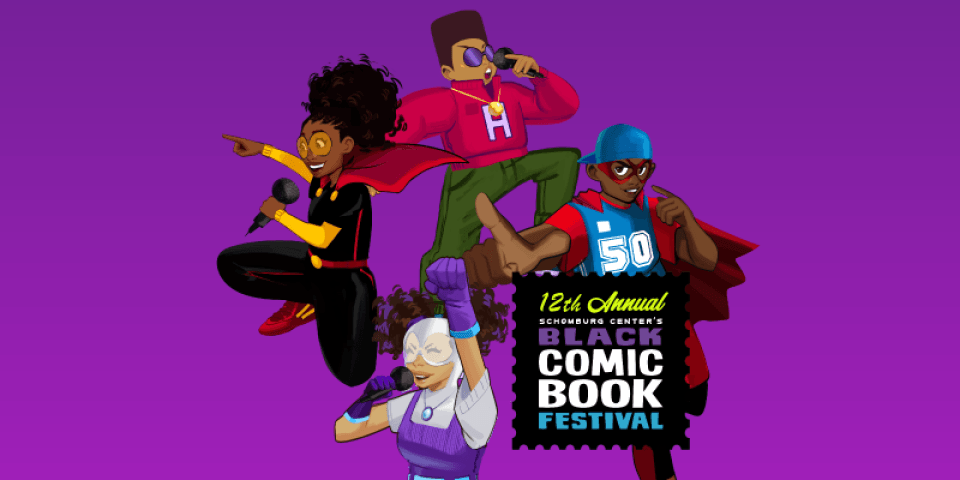 Comic book characters surround the words Black Comic Book Festival.