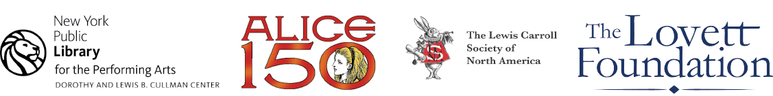 Logos for the New York Public Library for the Performing Arts, Alice 150, the Lewis Carroll Society of North America and the Lovett Foundation 