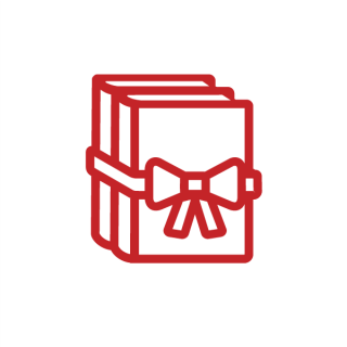 Red outline illustration of books bundled together with ribbon