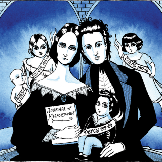 Cartoon drawing of Mary Shelley with her husband, Percy Shelley, and their four children.