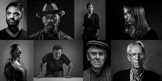 Several photographs of different playwrights are arrayed in a grid.