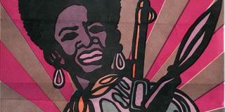 A stylized illustration of a Black Woman standing steadfastly and holding a flamethrower is shown. The words 'Afro-American solidarity with the oppressed People of the world' is printed in the top right corner