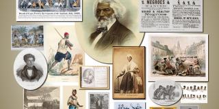 Against a brown surce and paintings, photographs, and newsprint clippings related to the abolitionist movement are assembled