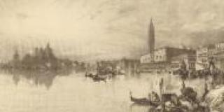 In an 1800s engraving the city of Venice seems to emerge from the page like from a mist, shading on the lower half of the drawing gives the drawing a feeling of moisture. 