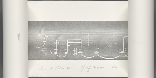 Partially unrolled scroll revealing a horizontal, black-and-white print of largescale musical notation; below it the artist has written the title, date, edition number, and his signature in pencil