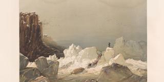 Illustration of arctic ice, through which a group of explorers is dragging a sledge and a single figure is standing at the top watching over the horizon