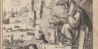Engraving showcasing a man in a fur, sitting over an open fire cooking food. Around him are various arctic animals.