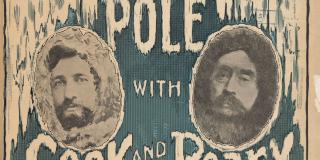 Cover of book titled "At the Pole with Cook and Peary", with the images of two arctic explorers' faces.