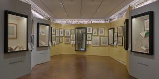 Photograph with fisheye view of exhibition showing both sides of the gallery corridor