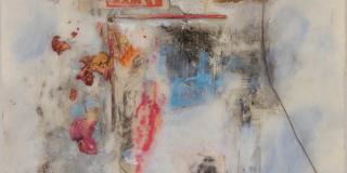 “Red Ram,” 9” x 13 ½”,14” x 17 ½, encaustic collage with spirit paper & mixed media