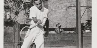 1930–1940, NY Tennis Association, New York State Champion swinging at a ball