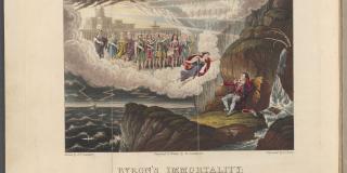 A multicolored illustration of a man in a red velvet jacket and striped breeches is leaning against a rocky landscape overlooking a stormy sea. An angel flies above him as the clouds open up in the sky revealing a group of people beckoning him up