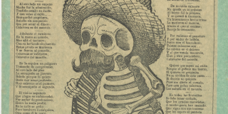 Calaveras del monton. Text and image on buff sheet with light blue border. Image: skeleton with moustache wearing sombrero, holding bottle of booze.