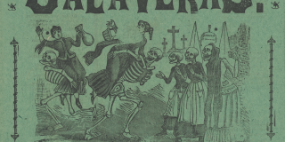 Two women being carried away by unclothed skeletons; three skeletons dressed as women stand nearby.