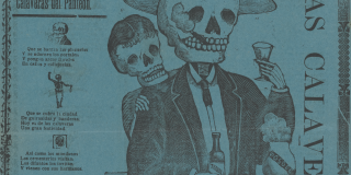 Text and image on blue sheet. Skeleton dressed as man holds shot glass and bottle of booze; skeleton dressed as woman stands behind him.