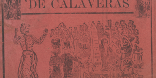 Text and images on red sheet. Image: Animated skeletons in the graveyard having a party.