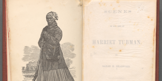 Book open to the title page opposite a black-and-white illustration of Harriet Tubman in a dress, coat, crossbody bag, and headscarf, holding a rifle with its handle against the ground