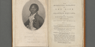 Printed book open to title page at right and an oval portrait of Olaudah Equiano at left.