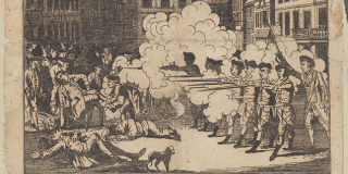 Print on now-tan paper showing a firing squad surrounded by smoke in the middle of the street of a colonial city; at left, a man collapses in the arms of another among several other male figures lying on the ground