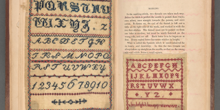 Open book with text describing the marking stitch and including, below the printed text and on the facing page, two stitched samplers demonstrating that technique
