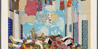 A print depicting several clothing lines of colorful, drying laundry hanging between two buildings and set against a bright blue sky of wispy clouds. Two women are laying on a bed of flowers and grass below the hanging laundry