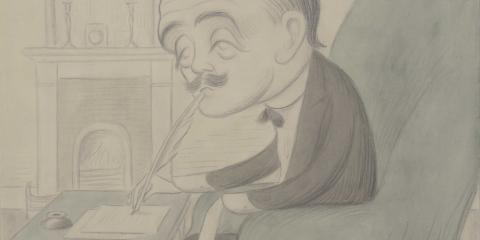 Caricature depicting Max Beerbohm sitting on a sofa chair, hunched over a table, writing using a feather quill. On his side, there is a bin full of disregarded manuscripts 