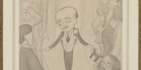 Cartoon depicting Max Beerbohm with a large head and slim body walking into a room of people pointing and looking at him