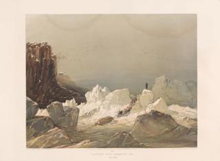 Illustration of arctic ice, through which a group of explorers is dragging a sledge and a single figure is standing at the top watching over the horizon