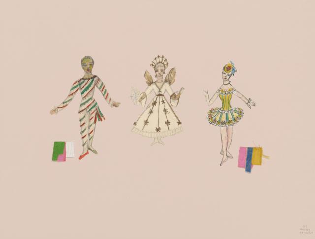 Costume illustrations for a Candy Cane with green, pink and white fabric swatches attached; a Christmas Angel; and a Marzipan Shepherdesses with pink, blue, and yellow fabric swatches attached.