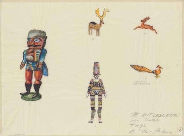 A color rendering of 5 Christmas toys: a nutcracker, a standing deer, a leaping deer, a bird, and a man wearing a colorful pattern.