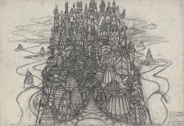 An elaborate pencil sketch of a castle made of candy.