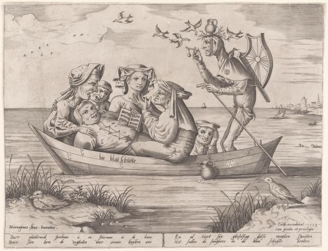 a group of grotesquely interpreted wealthy people is rowed by a strange demon with a vase on his head and birds flying around him