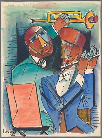 Brightly colored artwork depicting two Black musicians, one holding a muted trumpet in the air and the other playing the flute