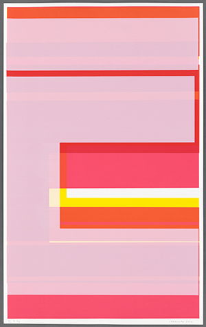 Abstract print of rectangular elements printed in yellow and shades of pink