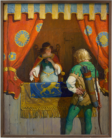 A painting featuring two people standing face-to-face at a booth which is decorated with several vibrantly-colored hanging medieval textiles. The figure standing in front of the booth is wearing a bow-and-arrow and has his back towards the viewer