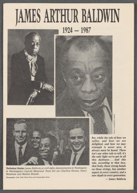 Funeral Cover for James Baldwin with cream background and three images of Baldwin, one with a group of friends. The header text in Black reads: James Arthur Baldwin 1924-1987 