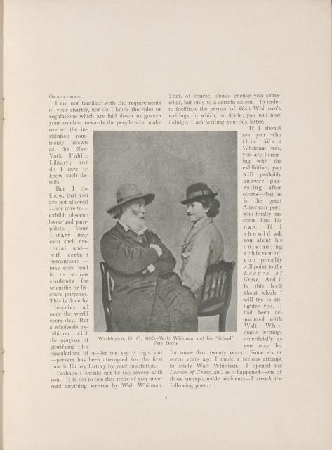 Text surrounding an image of two men sitting down looking at each other. The man on the left is Walk Whitman