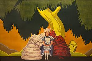 In a detail photo of a promotional poster Alice is shown in her trademark blue dress and white apron sitting against a whimsically drawn tree