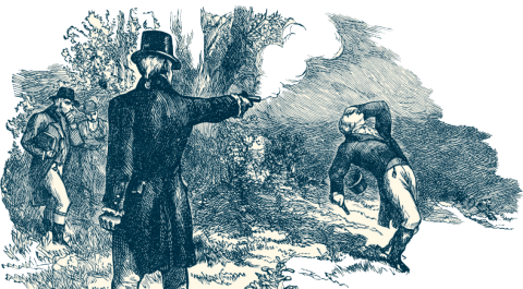 An etching of the 1804 duel between Alexander Hamilton and Aaron Burr is shown. Burr,  with his back to the viewer holds up a pistol. Hamilton, curls into a fall while holding a hand to his face. 