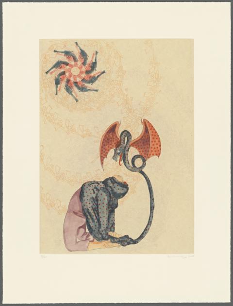 In a print the figure of a women sits on their needs and bends their head backward, the hooded garment they wear turns into a dragon. Above them sits a sun made of spiraling pistols. 