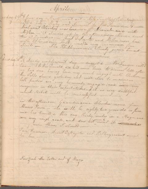 A browning diary page from 1800 is shown, the cursive scrawl of it's owner, Elizabeth De Hart Bleeker, is fading into the page. 